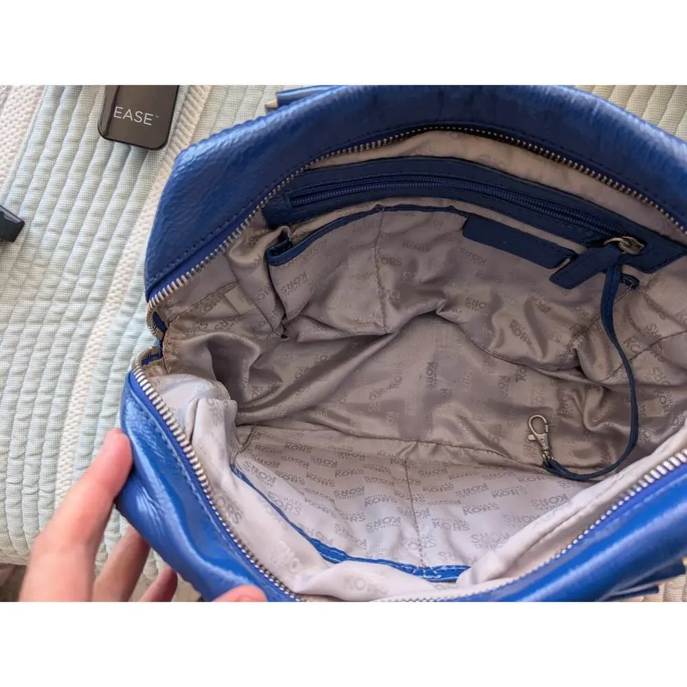 Michael Kors Royal Blue Patent Leather Ranger Satchel Purse Large Silver Y2K